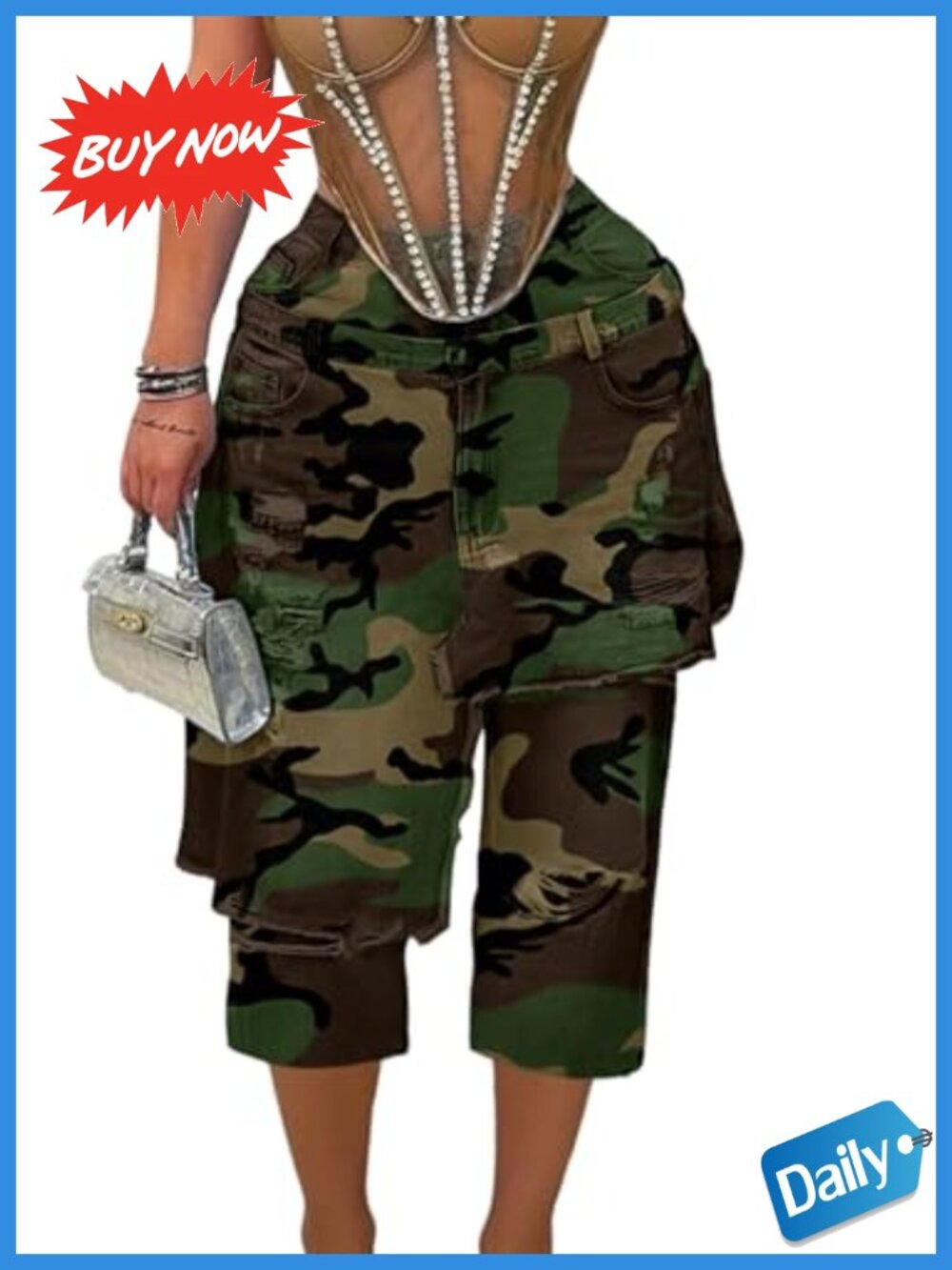 Womens Cropped High Waisted Camo Cargo Pants Wide Leg Raw Hem